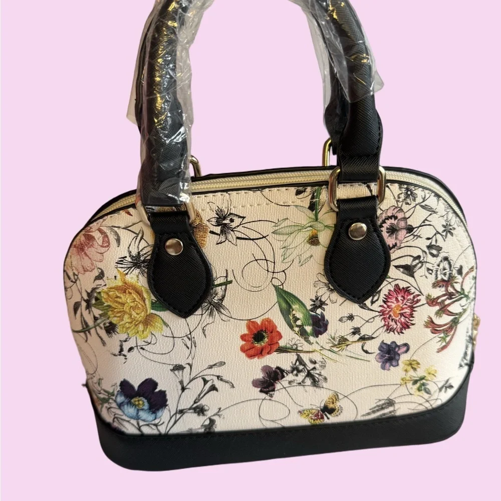 NWOT Floral Dome Satchel Handbag w/ Butterfly Charm Cream Black Structured Purse